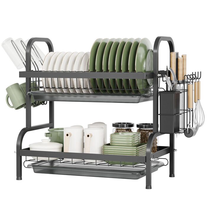 Сушарка для посуду NETEL 2-ярусна, чорна: з піддоном, тримачем для столових приборів та чашок