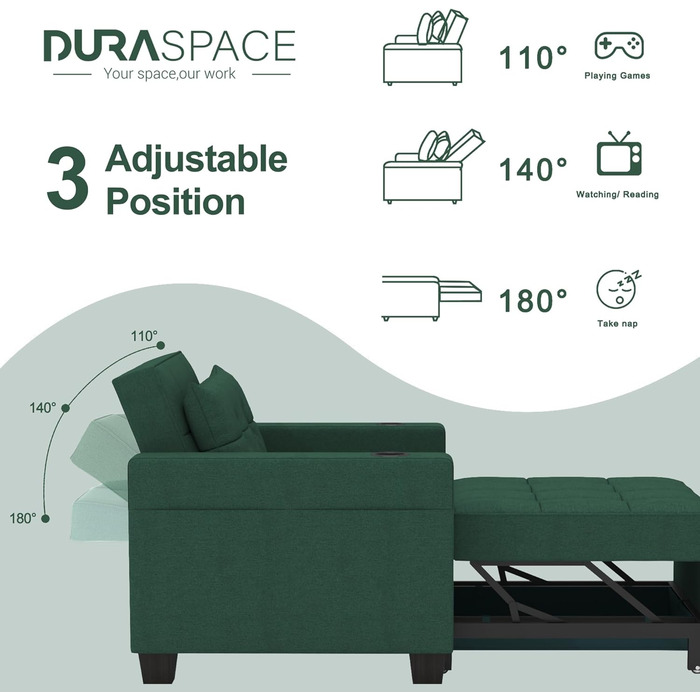 DURASPACE крісло-ліжко 3-в-1 99 см, розкладне, з USB, кишенею та підсклянником, для малих кімнат, зелений