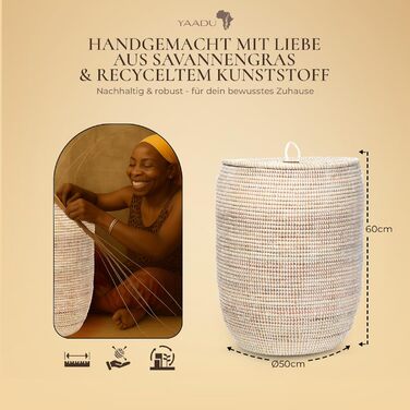 Кошик для білизни YAADU з кришкою - великий (XXL), африканський кошик для збору білизни, кошик для прання, білий/плоский