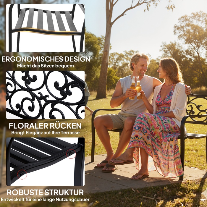 Двомісний садовий лаунж з висувним столиком. Міцна лавка для саду та тераси, витримує до 240 кг. Садові меблі з підлокітниками та спинкою для відпочинку на відкритому повітрі. Розміри: 150x58,5x90 см. Колір: Чорний.