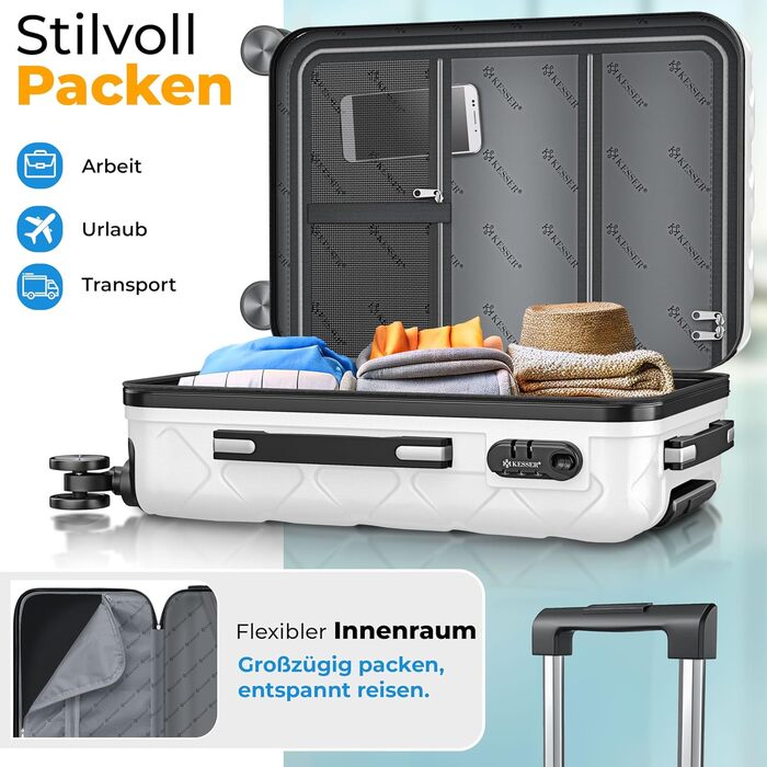 Чемодан KESSER® 84L з ABS-пластику з кодовим замком, вагами та органайзером | Чемодан на колесах 360° для подорожей та бізнесу (Snow White, 66см)