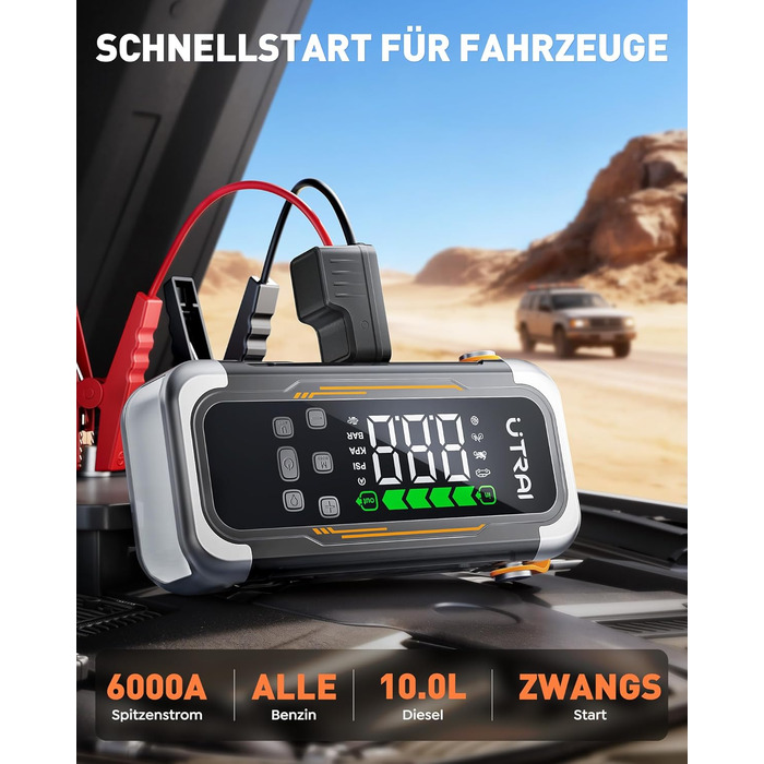 Powerbank Starthilfe UTRAI з компресором та вентилятором для авто, 6000A, LED, PD 30W, для бензинових та дизельних двигунів (10L)
