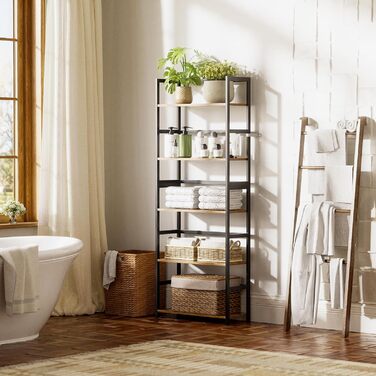 5-ярусна полиця для книг, індустріальна полиця з бамбуковим каркасом, сучасна вітрина, органайзер для зберігання з дерева для вітальні, домашнього офісу, рустикальний коричнево-чорний колір