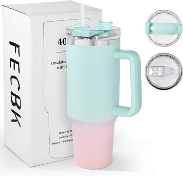 Термокружка FECBK з трубочкою та ручкою 1,2L, 100% захист від протікання, нержавіюча сталь, вакуумна ізоляція, тримає 12 годин гарячим / 34 години холодним, Gepard (Bubble Gum)