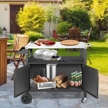Набір для гриля з великою робочою поверхнею | Гриль-стіл, вуличний гриль-тролей, стіл з нержавіючої сталі для саду, срібно-чорний 112*59*82см