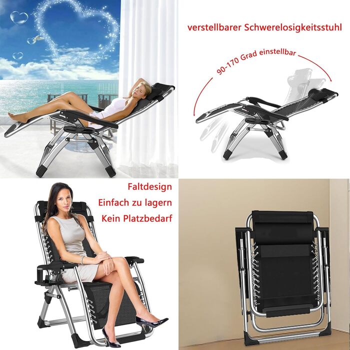 Розкладний шезлонг для саду та відпочинку на природі - 200 кг, срібний (83 см)