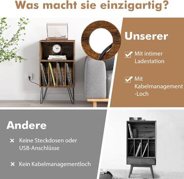 Підставка для програвача COSTWAY з зарядкою, 3-рівнева, для зберігання вінілових платівок з полицею та 4 роздільниками, 48 x 40 x 88 см (індустріальний стиль)