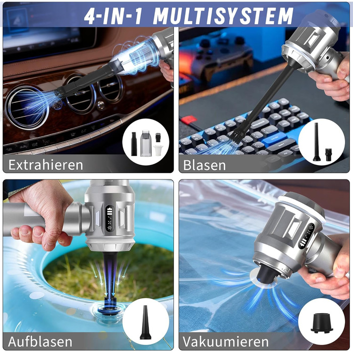 Акумуляторний ручний пилосмок Citybee 4 в 1, бездротовий міні-пилосмок для авто та дому, 25000Па, безщітковий двигун, 3 режими потужності, сріблястий