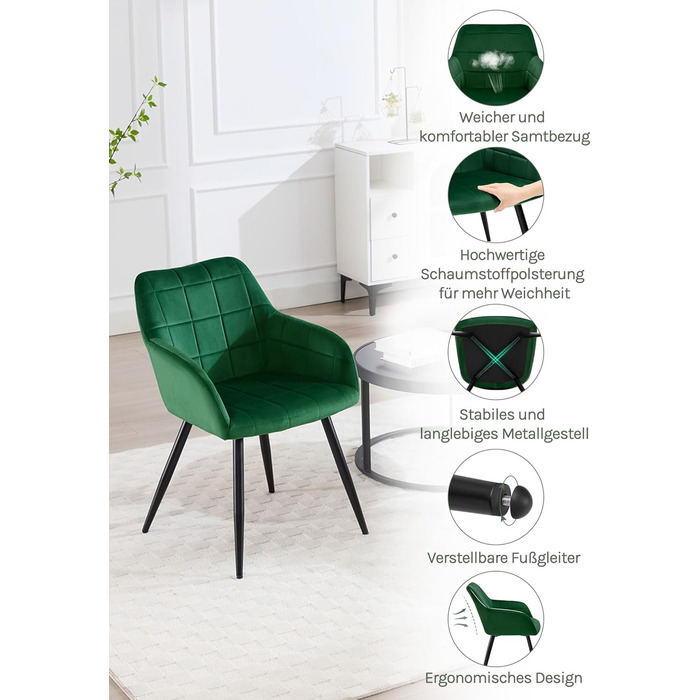 Крісла для їдальні WOLTU, крісла для кухні, м'які крісла з підлокітниками, 8 шт., темно-зелений, з велюровою оббивкою та металевими ніжками