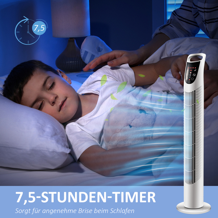 Вежа-вентилятор, 3 режими роботи, безшумний режим, таймер, пульт керування, 18x78,5 см, білий