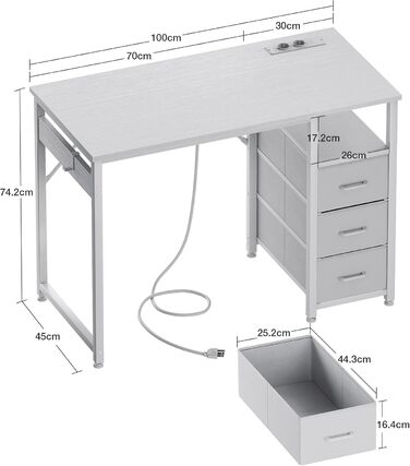 Письмовий стіл ODK з 3 ящиками, розетками та USB, двосторонній, 120x48x75.5 см / 100x48x75.5 см, білий