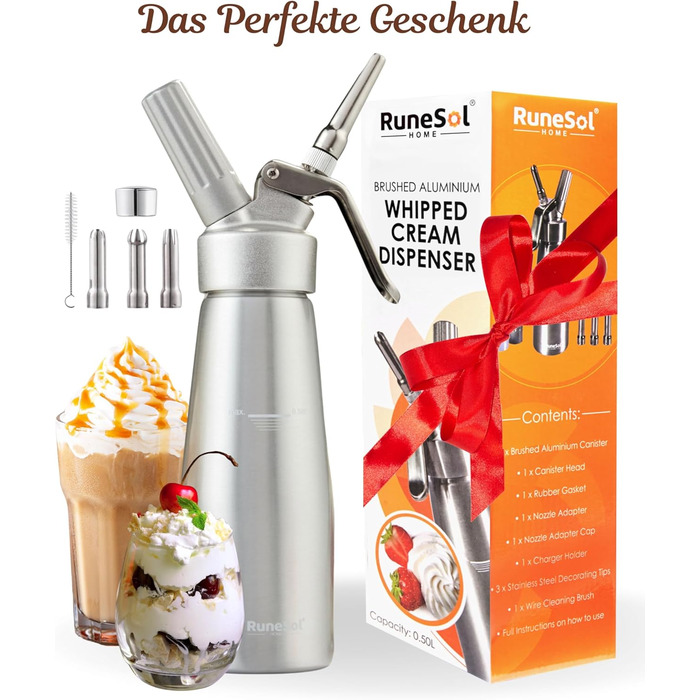 Runesol Дозатор для вершків 500 мл: професійний сифон для десертів з 3 насадками з нержавіючої сталі, алюмінієвий диспенсер для збитого вершку