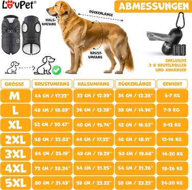 Куртка для собак LOVPET зі шлейкою, включаючи мішок для корму, водонепроникний зимовий жилет, світловідбивачі, XL Anthracite