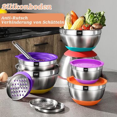 Набір мисок для приготування їжі з нержавіючої сталі (6 шт.) з кришками та силіконовим дном, набір терок, 6.6/3.8/2.4/1.9/1.4/0.6 л - кольорові