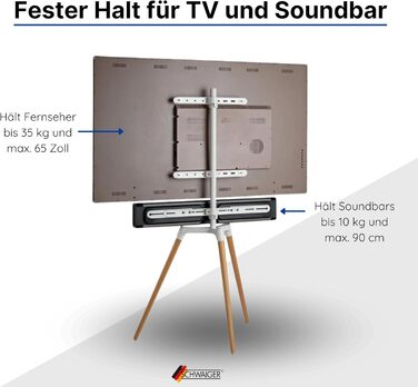 Підставка для телевізора Schwaiger 658200: дерев'яна стійка-монопод для телевізорів до 65 дюймів, до 35 кг, з кріпленням для саундбару, білий/бук, справжнє дерево, преміум-якість