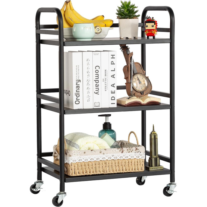 Металевий сервісний візок HDANI з 3 рівнями, на коліщатках, 48x30x75 см, чорний