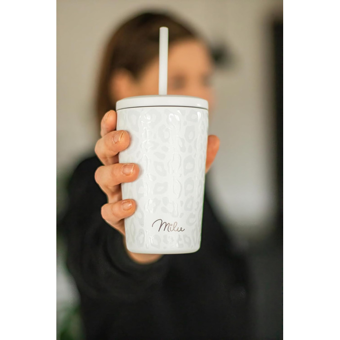 Термокружка Milu 400 мл - не протікає, з нержавіючої сталі, з трубочкою, ізольована, зберігає тепло 10 годин / холод 20 годин, без BPA (White Leopard)