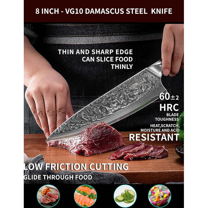 Ніж кухарський 20 см Xuan Серія VG10 Дамаський сталь, ручка з Харчу, чорний зірка