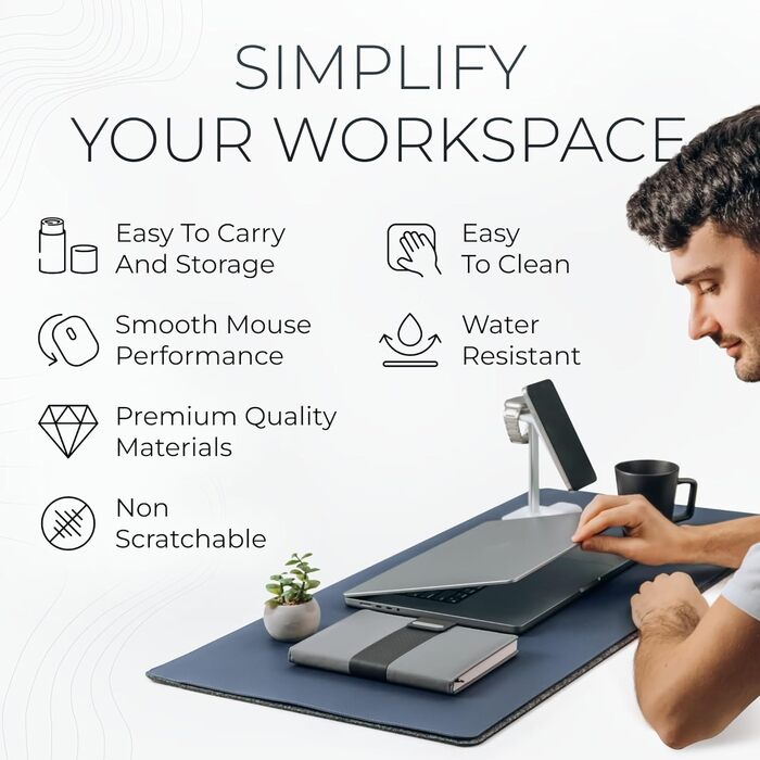 Кілимок для столу Nordik з екошкіри та фетру, великий підкладник під мишу та органайзер для кабелів (Sattelbraun, 89,9 x 43,2 см) — преміум аксесуар для домашнього офісу