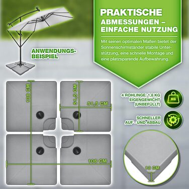 Сонцезахисний стійка Tillvex® 90 літрів / 120 кг – 4 частини для парасольки, з металевим з'єднувачем | Заповнюється водою або піском | Стійка для парасольки Tillvex® вологостійка (Сірий)