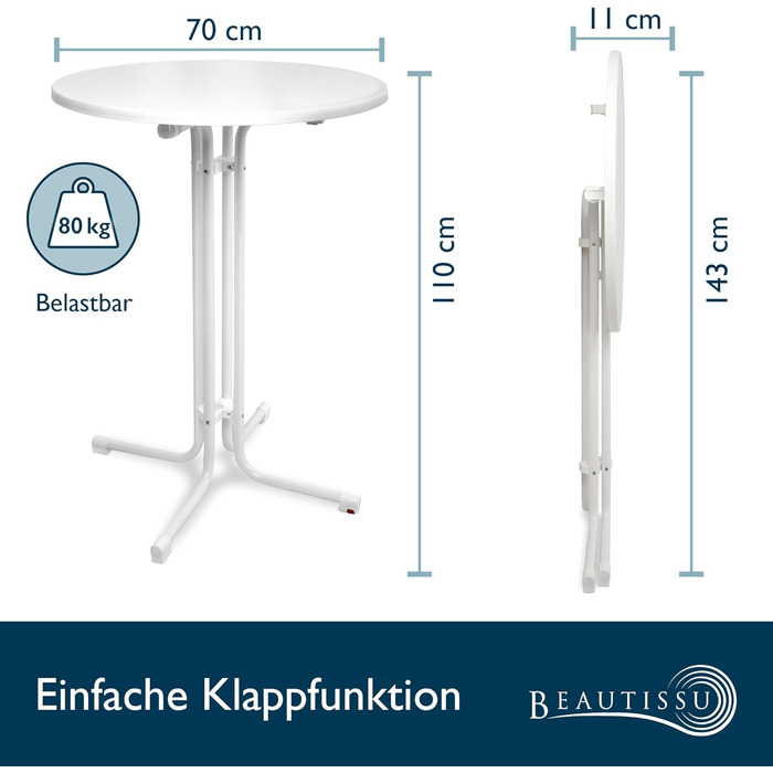 Стіл Beautissu розкладний, 70 см, білий Bellini – стійкий, погоджувальний, з анти-царапин покриттям. Підходить для вулиці, кафе, барів. Легка збірка, Ø 70 см. Ідеальний для вечірок та пікніків.