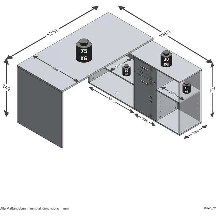 Меблі FMD, 353-001 Комбінований кут нахилу столу Lexo, дуб, розміри столу 136,0 x 75,0 x 68,0 см, розміри полиці 137,0 x 71,0 x 33,0 см (BHD) Дуб одномісний