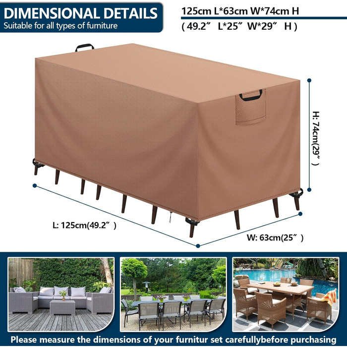 Водонепроникний чохол для садово-патіо меблів 420D Oxford, захист від УФ-променів, 125x63x74 см