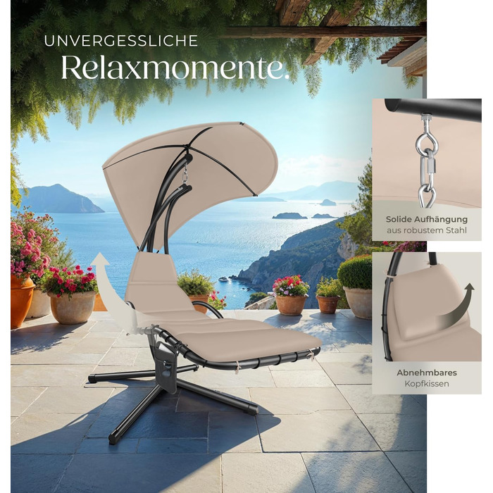 Тектейк® гамак з каркасом, гамак-шезлонг, гойдалка з сонцезахистом, гамак-крісло, гамак з сумкою, м'яка подушка з підголівником для саду, тераси та балкону - (Бежевий)