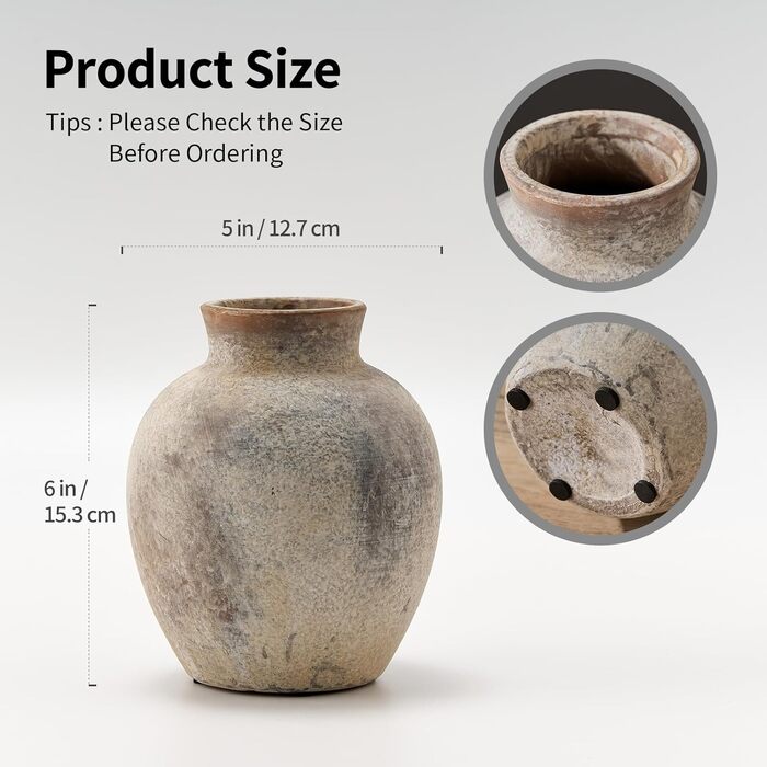 Керамічна ваза для квітів ручної роботи, 15.2 см, богемний стиль, декор для дому, теракота, сіро-коричневий колір