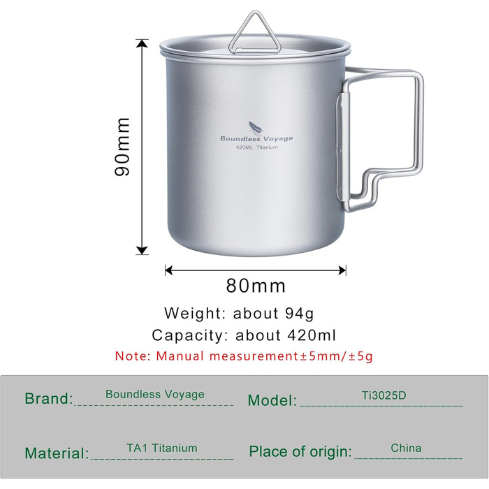 iBasingo Titan Becher: туристичний титановий посуд для кемпінгу, приготування кави/чаю, 200-750 мл (Ti3025d-420ml)