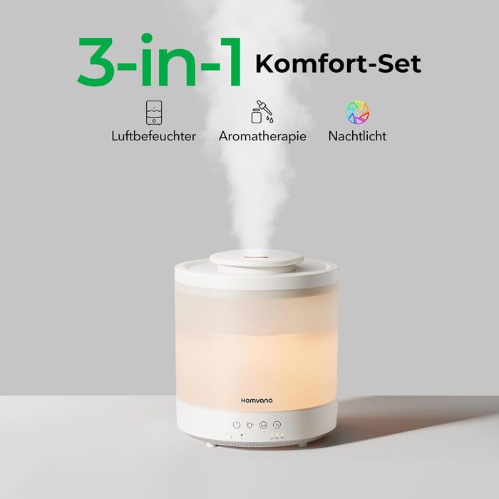 Зволожувач повітря Homvana для спальні 1.5л, ультразвуковий, з аромадифузором для ефірних олій, LED, BPA-Free