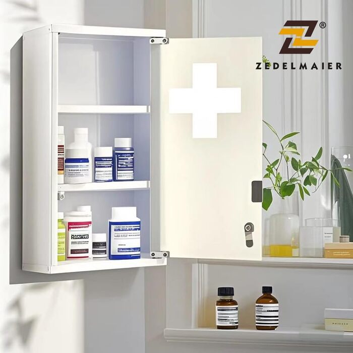 Медичний шафчик Zedelmaier з нержавіючої сталі, 4 відділення, з ключем, для зберігання ліків, білий (57 x 27 x 12 см)