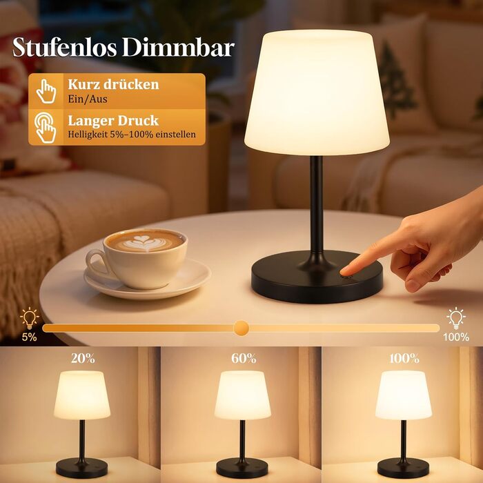 LED настільна лампа бездротова, торшер з сенсорним керуванням, регульоване освітлення, функція пам'яті, чорний колір