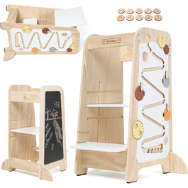 Дитячий навчальний столик-лесенка EXPLORER Kids® 5-в-1 | Монтессорі | Регульована висота, захист від перекидання | Розвиває моторику, вивчення чисел та форм | Дерев'яний, білий та салатовий | Від 1 року