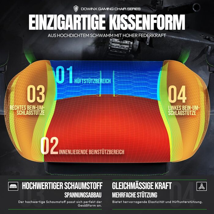Ігровий крісло Dowinx з підігрівом, масажем, підтримкою попереку, кишеньковим пружинним сидінням та підставкою для ніг. Зелений колір.