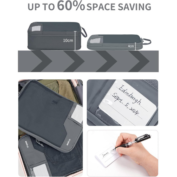 Набір компресійних органайзерів для подорожей ECOHUB, 4 шт., сірі пакувальні куби з маркуванням та сіткою для валізи та рюкзака