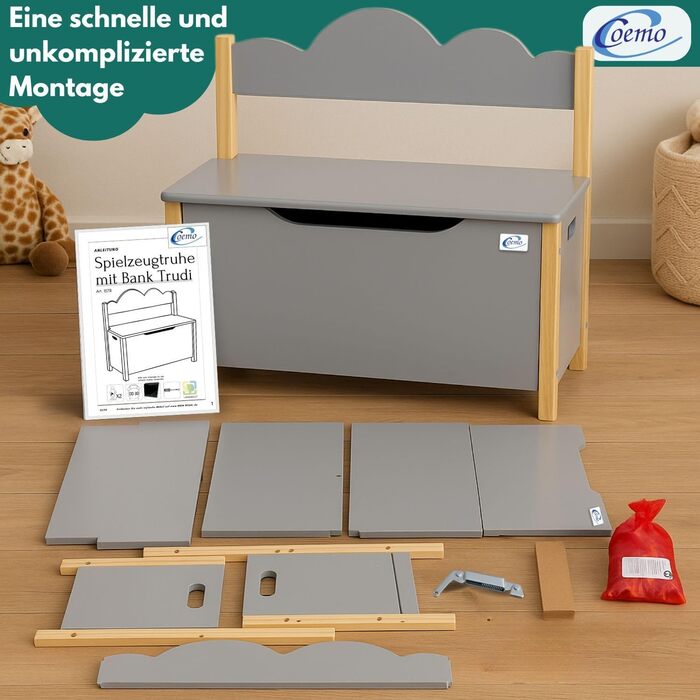 Дерев'яна іграшкова скриня Coemo з банківкою, біла, Trudi, 60x26x55 см – для дитячої кімнати, з місцем для зберігання, безпечним шарніром, зручною висотою, декоративним дизайном хмари (сірий)