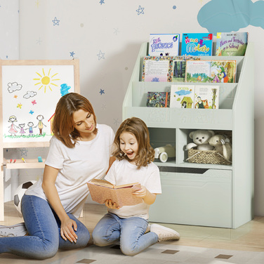 HOMCOM Дитяча полиця для книжок, стелаж для іграшок з ящиком, 3 полицями та 2 відкритими відділеннями, органайзер для дитячої кімнати, ігрової кімнати, світло-зелений, 60 x 29,9 x 90 см