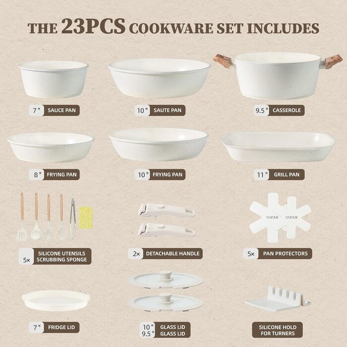 Набір каструль та сковорідок з керамічним покриттям 23 частини. Антипригарне покриття, знімні ручки, підходить для всіх плит, духовка, без PFAS, PTFE, PFOA. Кремово-білий колір.