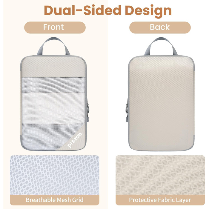 Набір компресійних органайзерів для одягу в подорожі, 6 шт, прозорі пакувальні куби для валізи, легкі та міцні, бежевий колір