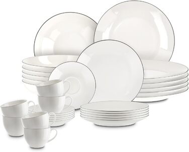 Набір посуду 18 предметів для 6 осіб: тарілки, чашки, підставки (білий з чорним)