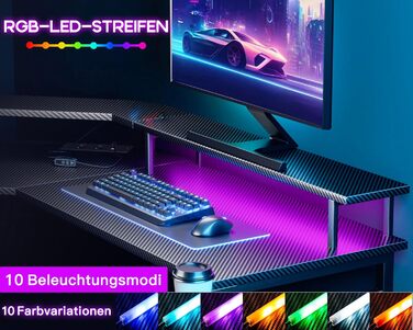Ігровий стіл ODK 129x129 см з LED підсвічуванням, 2 розетки та USB зарядкою, стіл для ПК, комп'ютерний стіл, колір: чорний вуглеволокно