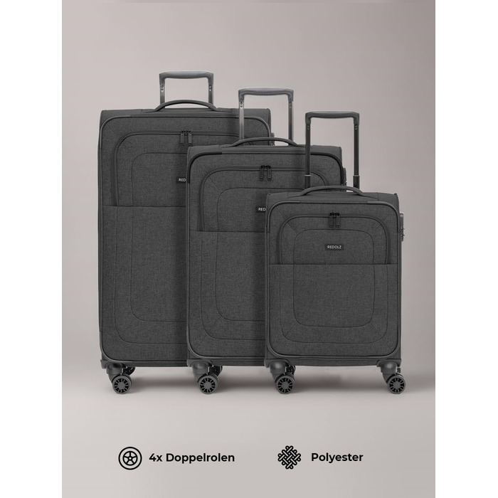 Набір тканинних валіз REDOLZ Essentials 12 (3 шт.), чорні дорожні Trolley з 4-ма подвійними колесами, TSA-замком та функцією розширення