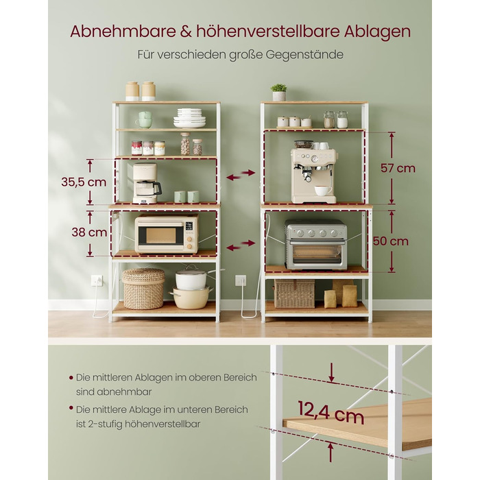 Полична шафа VASAGLE для кухні з розетками, мікрохвильова шафа, 6 полиць, 6 гачків, сталевий каркас, 40 x 80 x 167 см, вінтажний колір, KKS119K06