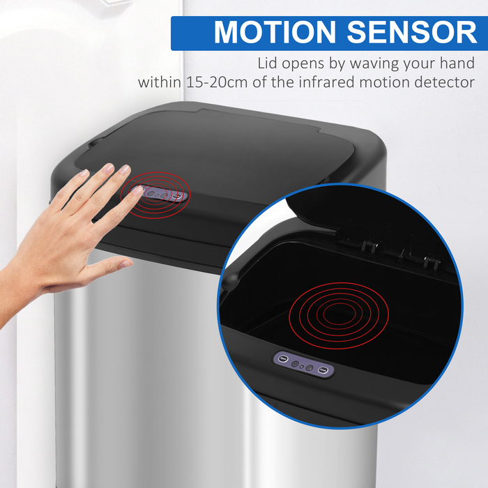 Відро для сміття з датчиком руху, 20 л, нержавіюча сталь. Автоматичне відро з датчиком руху, внутрішній контейнер 33 x 25 x 42,5 см, срібно-чорне