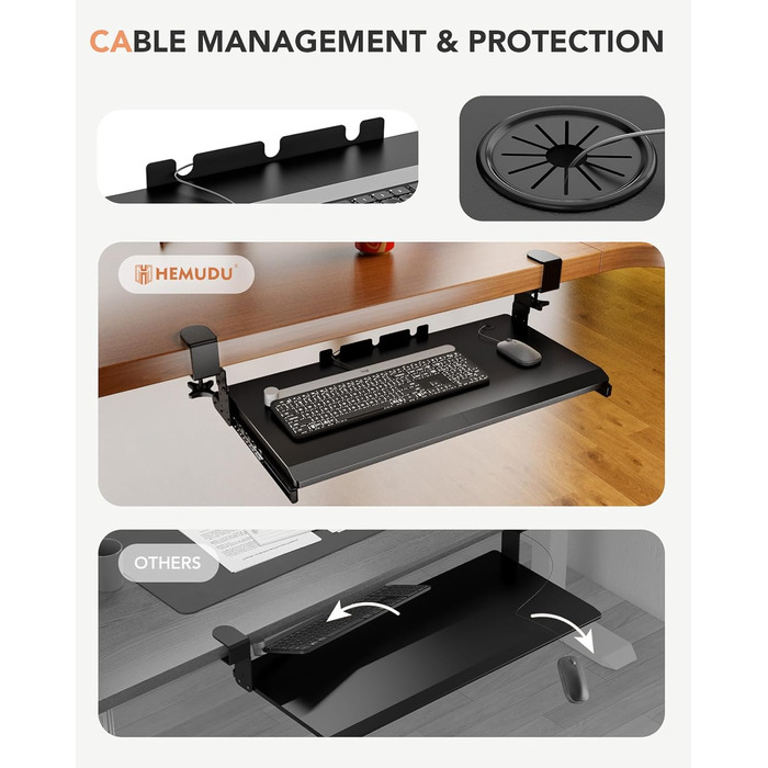 Висувна полиця під клавіатуру під стіл, чорна, з міцним C-кріпленням, 27.3x27.9 см (82.5 см з кріпленнями)
