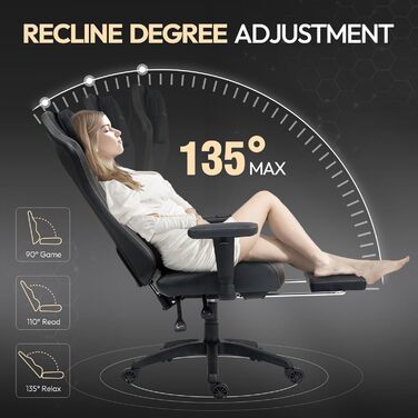 Ігровий крісло Dowinx з масажем та підігрівом, дихаюча спинка, регульоване, з підніжкою, підтримка спини та шиї, чорно-білий (чорний з золотом)