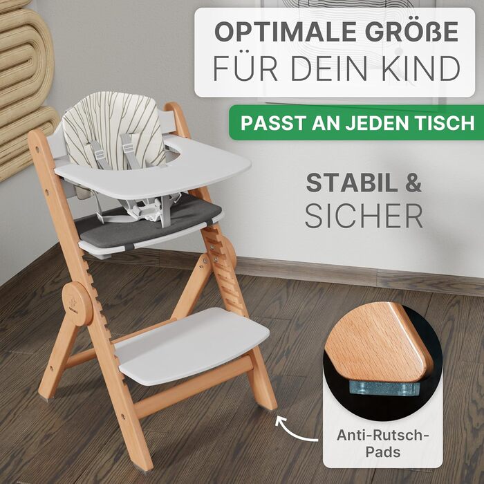 Дитячий стільчик ZWERGHELD® ZS3 Set - преміум якість, з регулюванням, складний, для дітей від 6 місяців до 90 кг, з підносом, дерев'яний (натуральний колір)