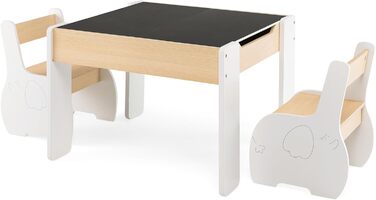 Дерев'яний дитячий стіл з 2 стільцями DREAMADE, 3 шт. Дитяча меблева група з двостороннім столом та місцем для зберігання, набір меблів для дітей, для хлопчиків та дівчаток (білий)