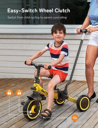 Бесрей 5-в-1 Дитячий Біговел, Триколісний Велосипед для Малюків 1-4 Років (Жовтий з Ручкою)